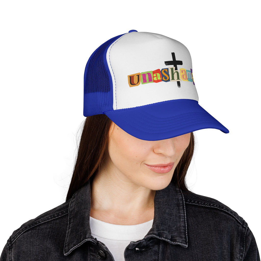 Unashamed Cross Trucker Hat — Bold Color Block Faith Cap