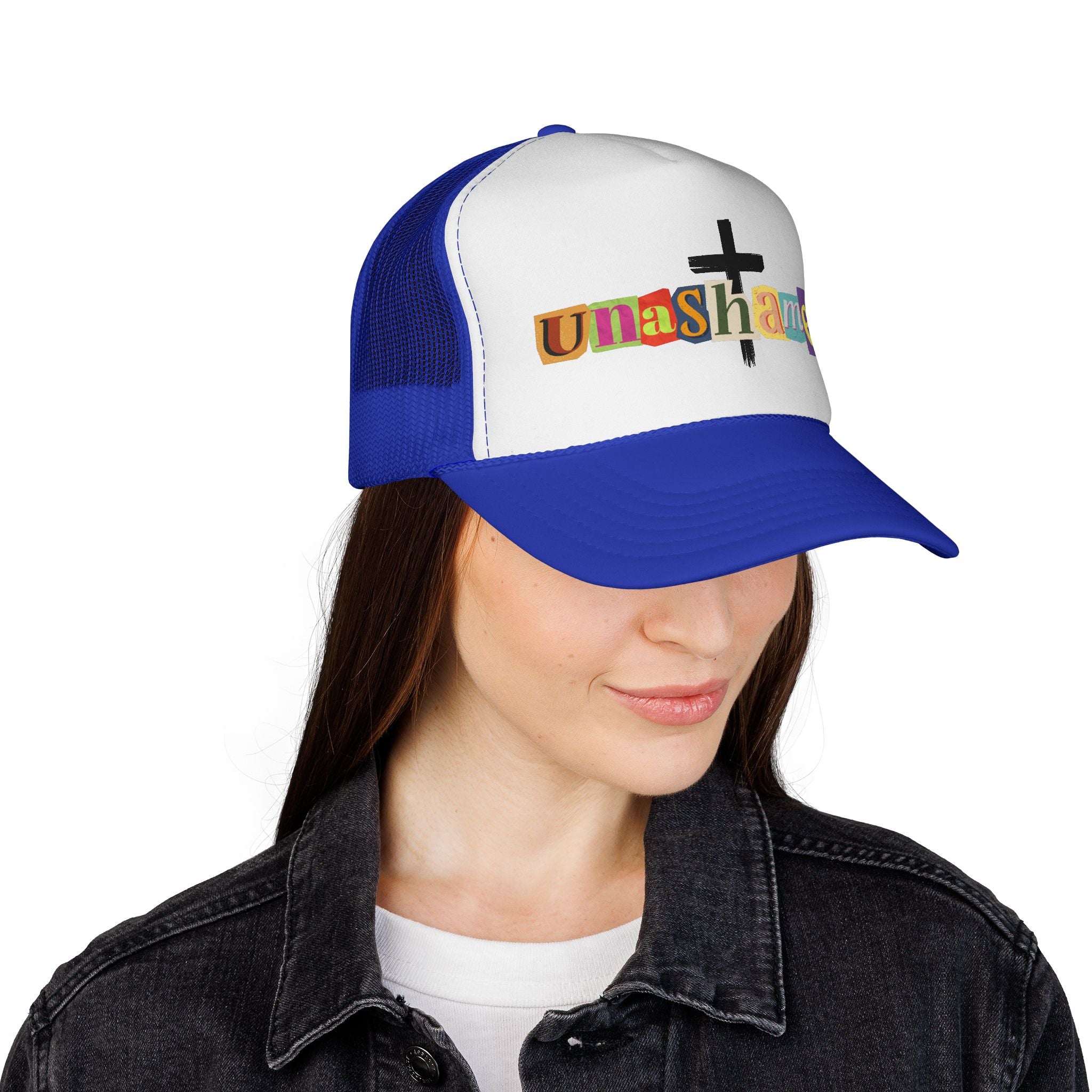 Unashamed Cross Trucker Hat — Bold Color Block Faith Cap