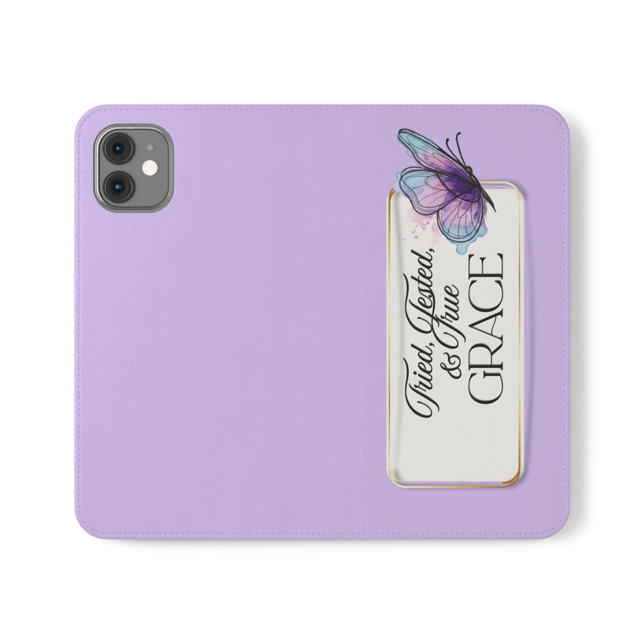 Lavender Flip Phone Case – “Tried, Tested, God’s Given Grace” Wallet Cover
