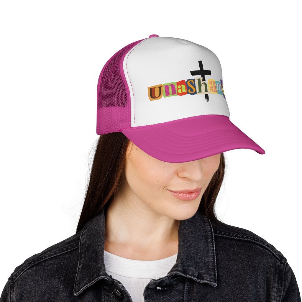Unashamed Cross Trucker Hat — Bold Color Block Faith Cap