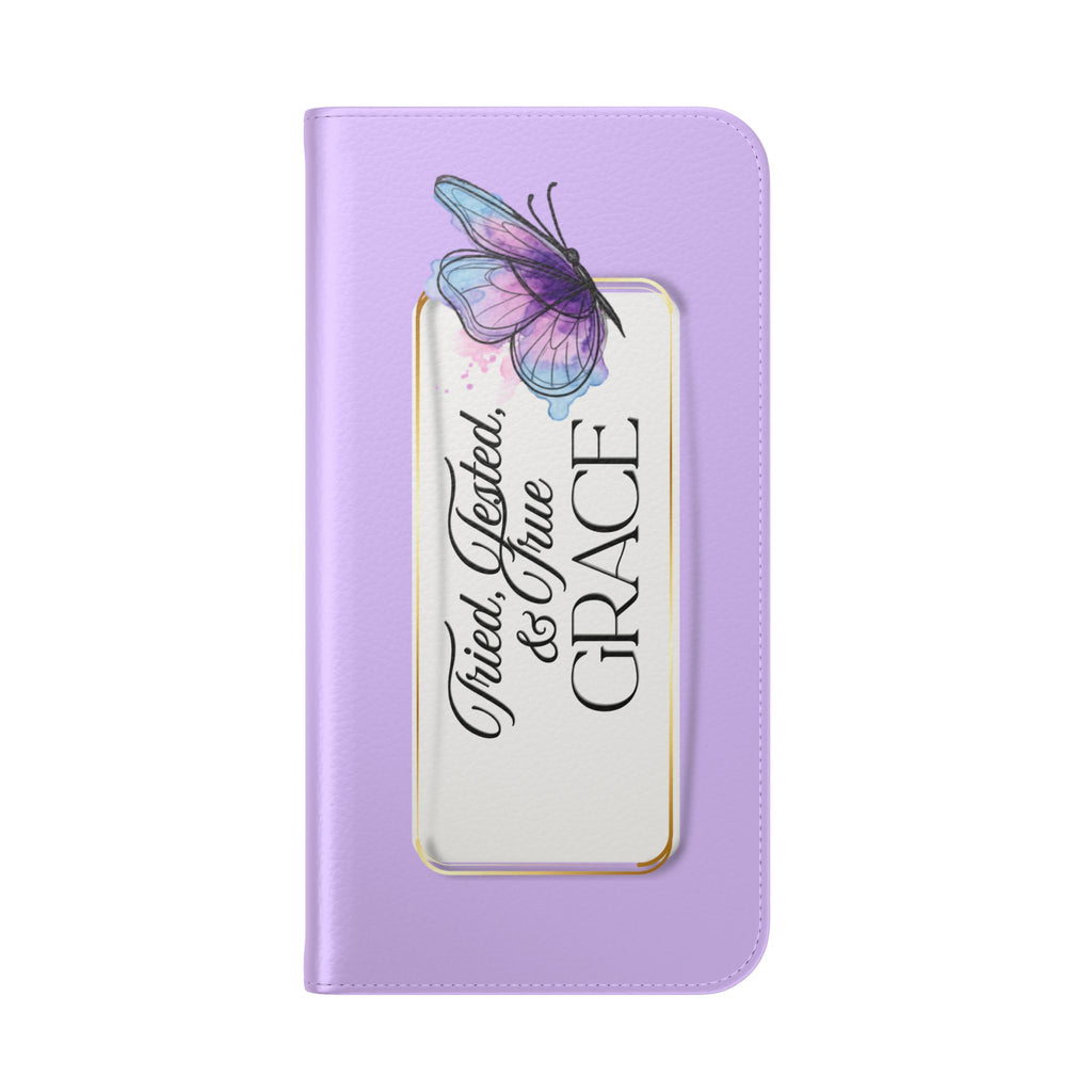 Lavender Flip Phone Case – “Tried, Tested, God’s Given Grace” Wallet Cover