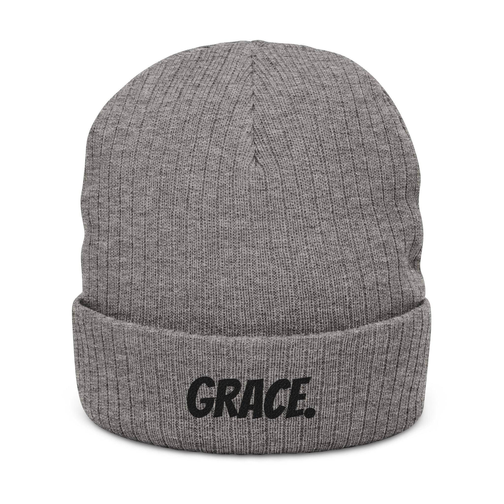 "GRACE." Embroidered Ribbed Knit Beanie