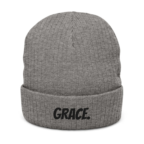 "GRACE." Embroidered Ribbed Knit Beanie