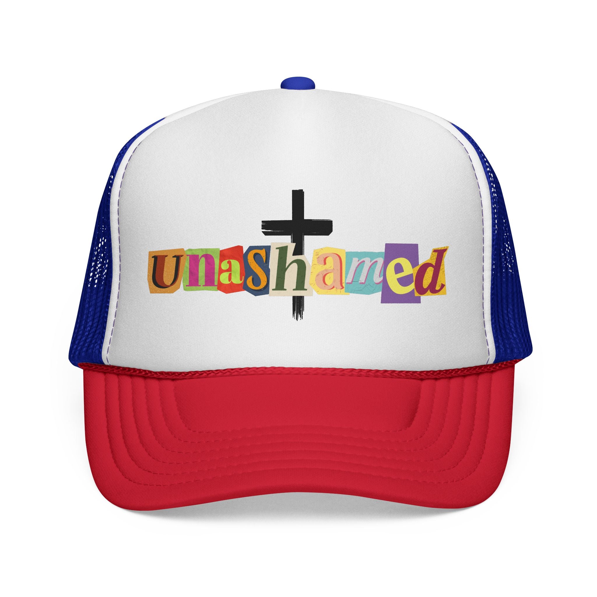 Unashamed Cross Trucker Hat — Bold Color Block Faith Cap