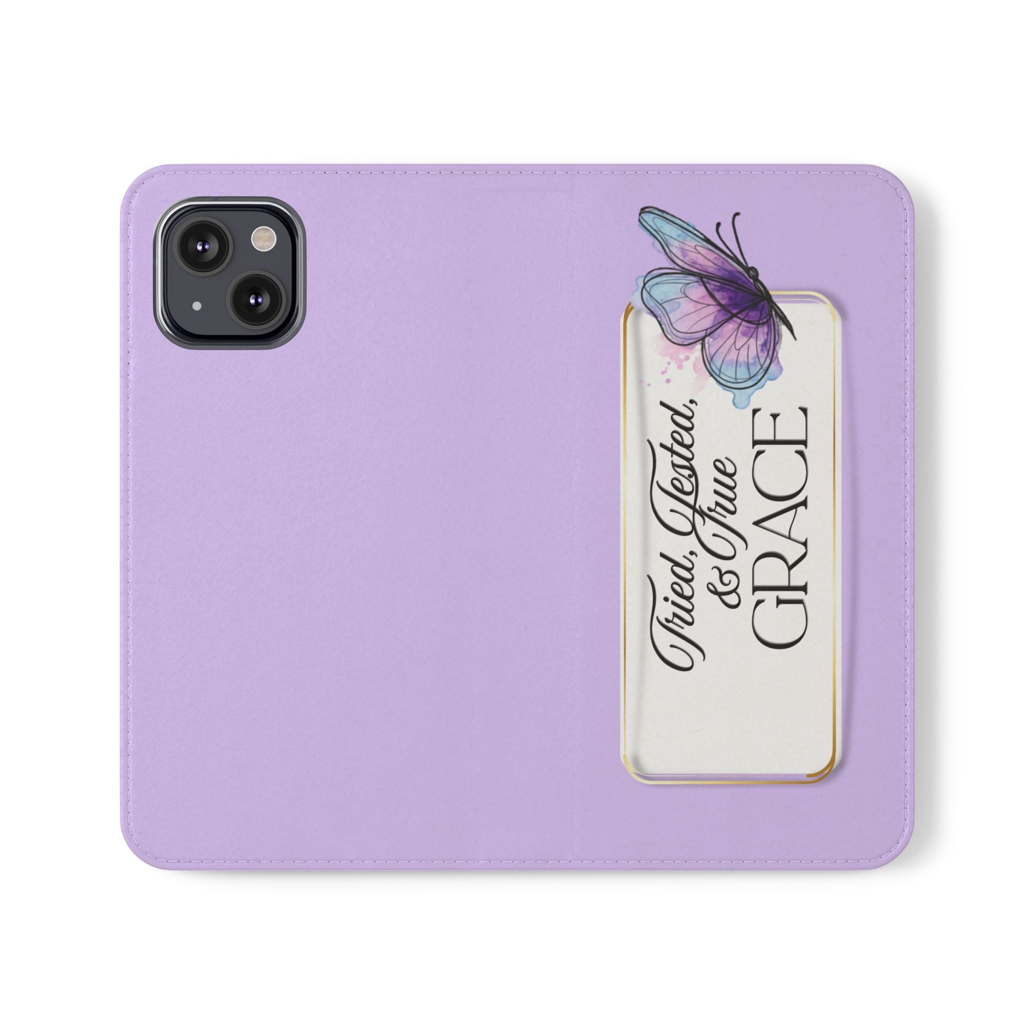 Lavender Flip Phone Case – “Tried, Tested, God’s Given Grace” Wallet Cover