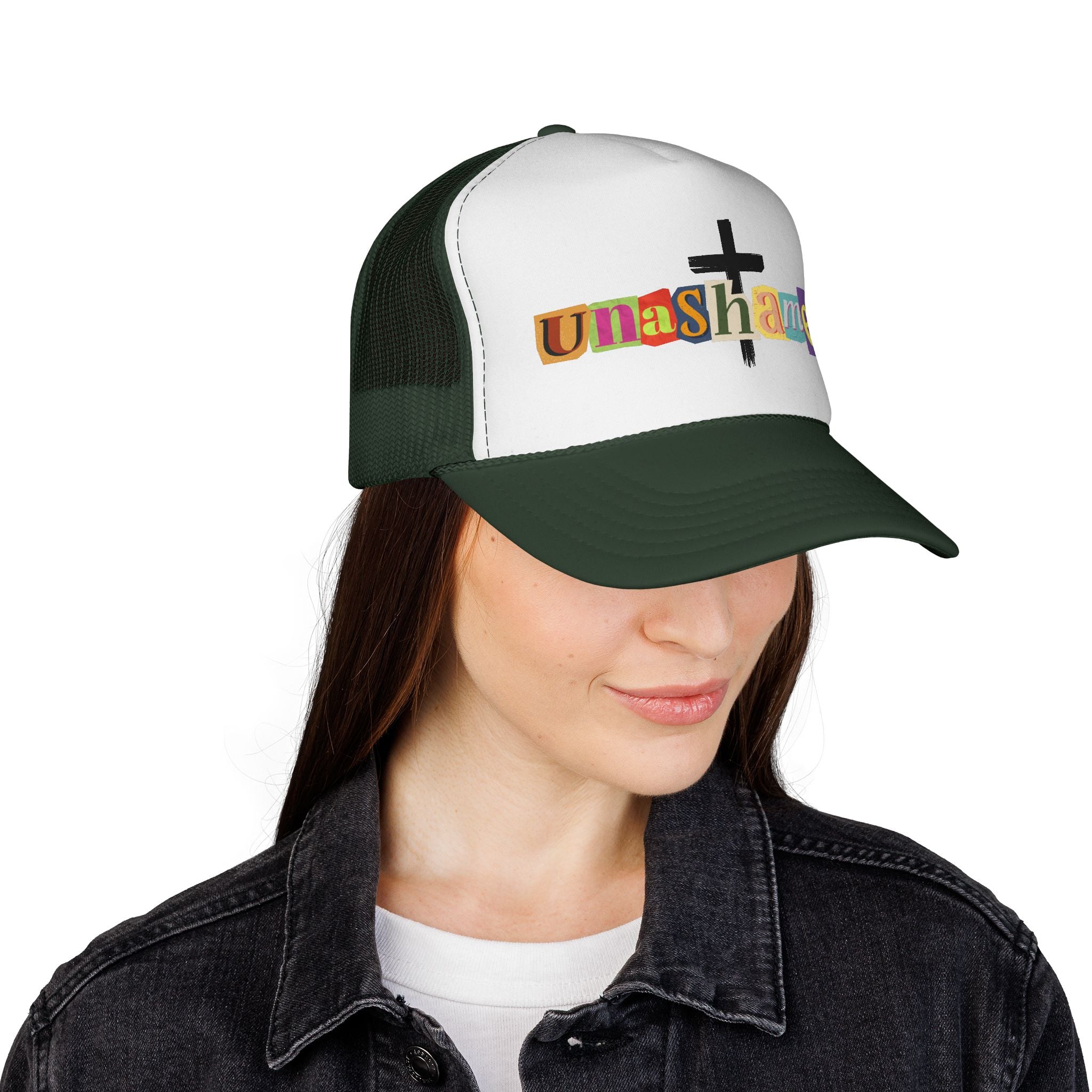 Unashamed Cross Trucker Hat — Bold Color Block Faith Cap