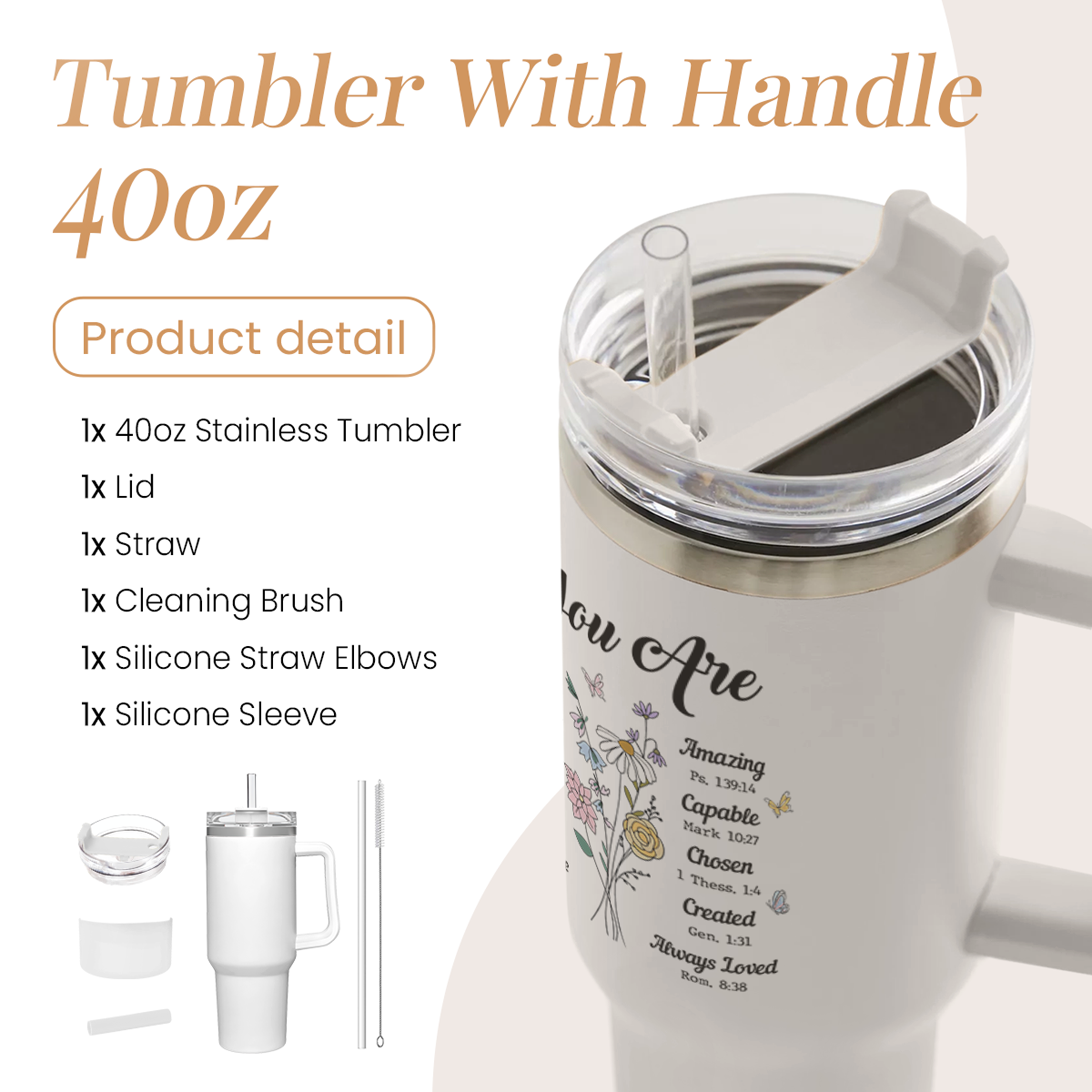 White Christian Quencher Tumbler with Handle 40oz