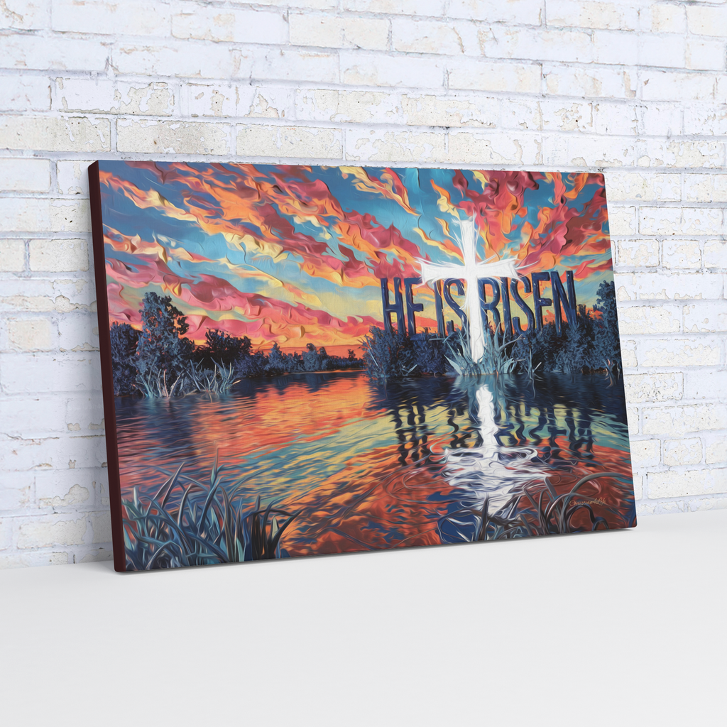 "He Is Risen" - Serene Lake Sunrise Scene with Cross Christian Gallery-Wrapped Canvas