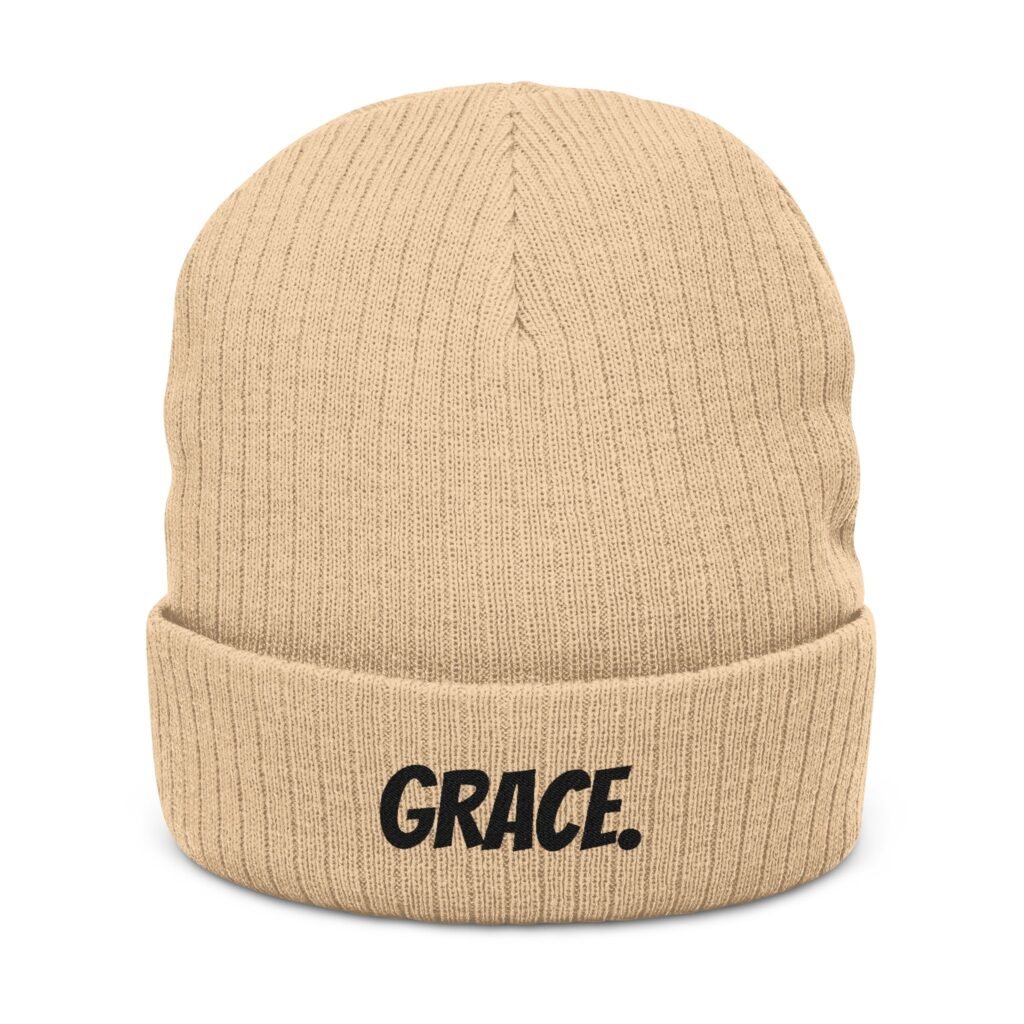 "GRACE." Embroidered Ribbed Knit Beanie