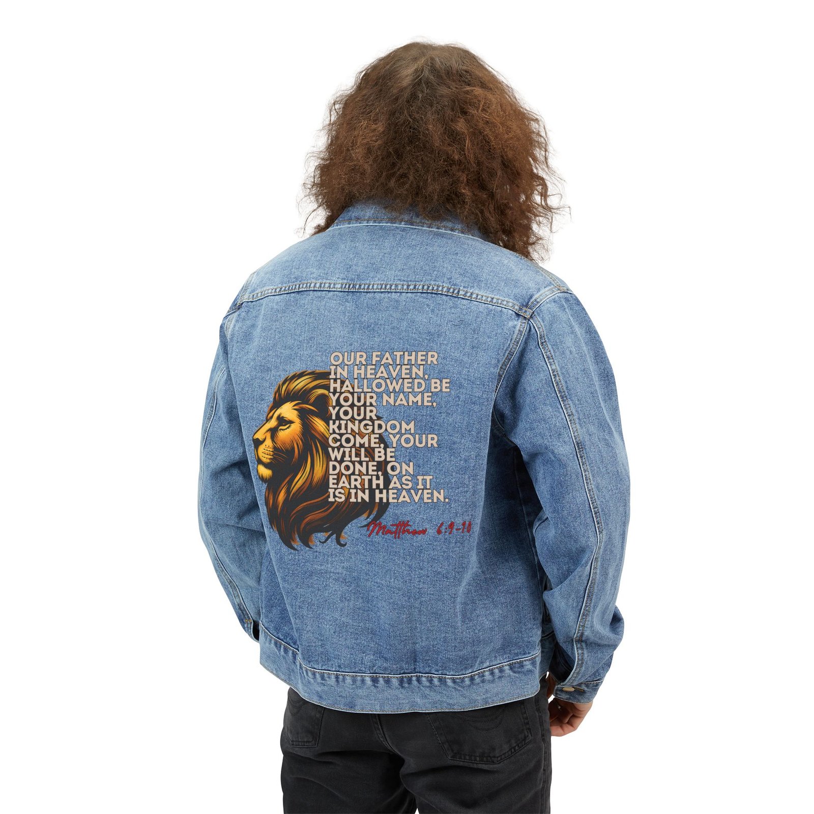 Matthew 6:9-10 Lion Prayer — Men's Denim Jacket - Image 4